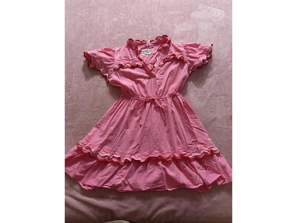 Pink Short Sleeve Dress with Scalloped Edges and Waist Tie